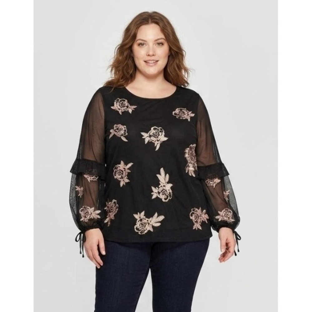 Style & Co size 2X Black Mesh Rose Embroidered Dark Romantic Stretch Top